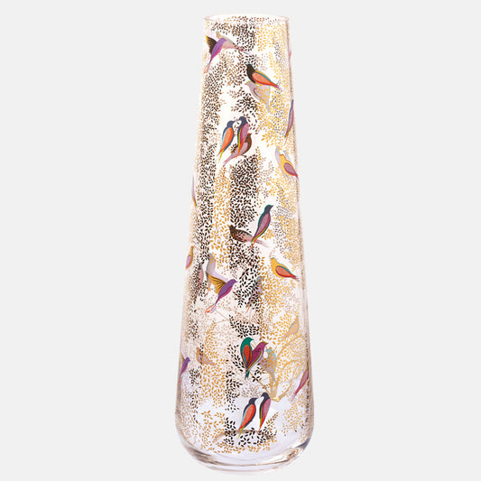 Tall Gold Leaves & Birds Glass Vase