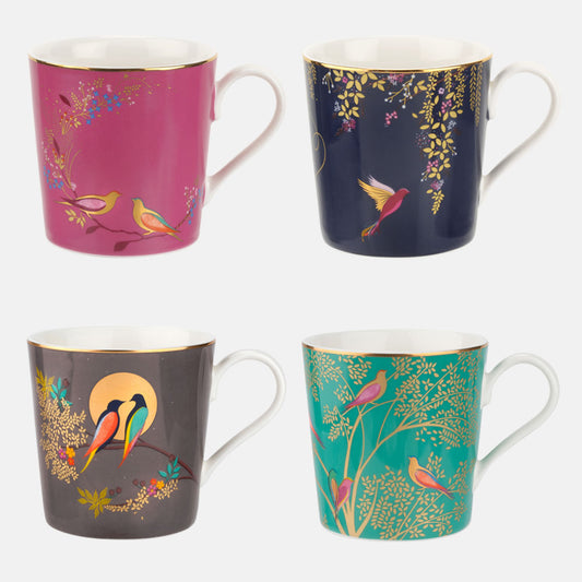 Four china mugs in four colours; pink, navy, grey and green. Gold embellished with assorted bird designs.