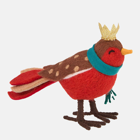 Decorative robin figurine with a crown and scarf on a white background