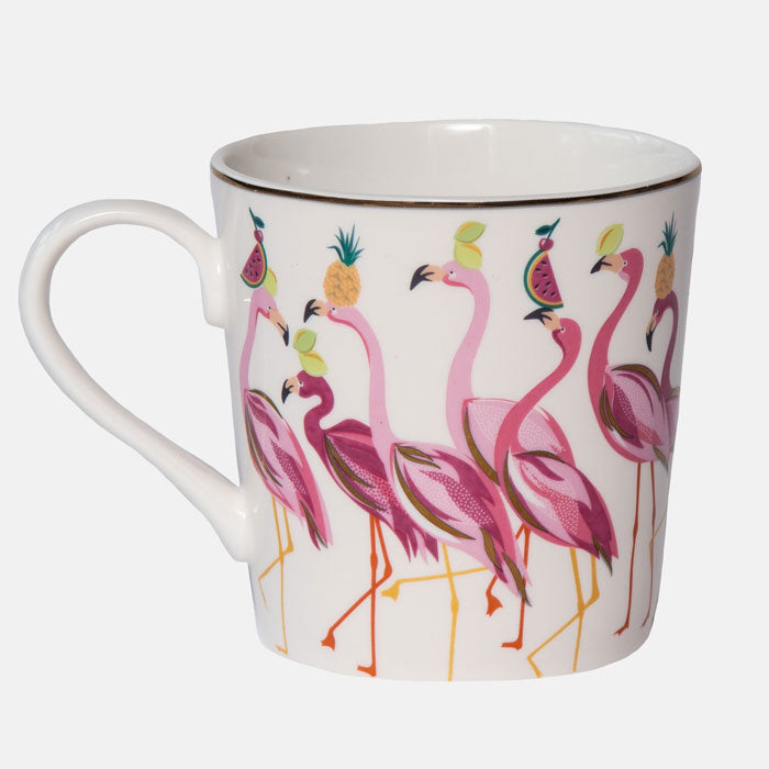 Flamingo mug on white background. Pink flamingos pattern with fruits.