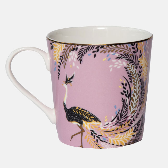 Ostrich mug on white background. Pink mug with filigree ostrich design.