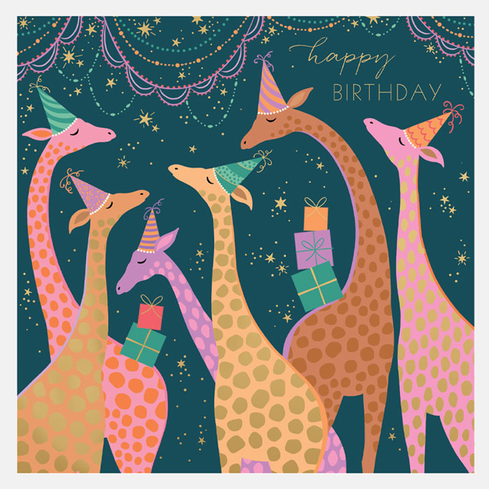 Illustration of giraffes celebrating a birthday with party hats and presents with decorations in the background.