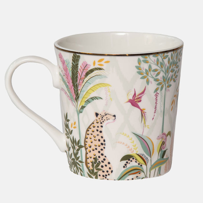 Palm garden mug on white background. Giraffe and toucan design with palm leaves.