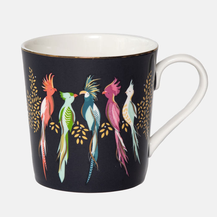 Cockatoo mug with white background. Colourful cockatoo pattern  with navy background.