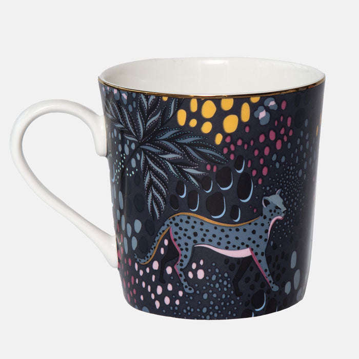 Midnight leopard mug on white background. Deep blue tones.
