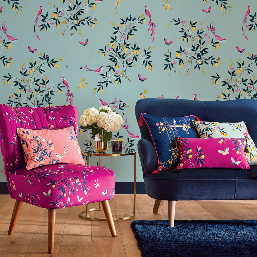 Coral Orchard Birds Feather Filled Cushion