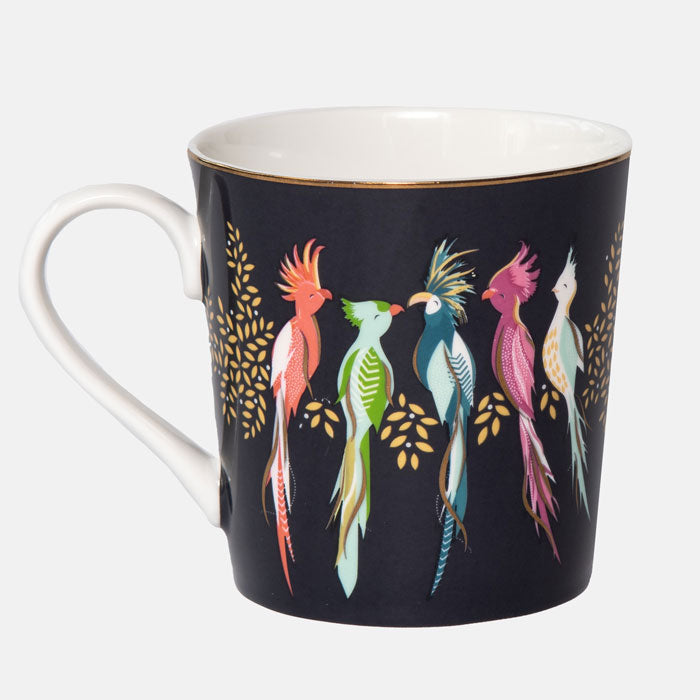 Cockatoo mug with white background. Colourful cockatoo pattern with navy background.