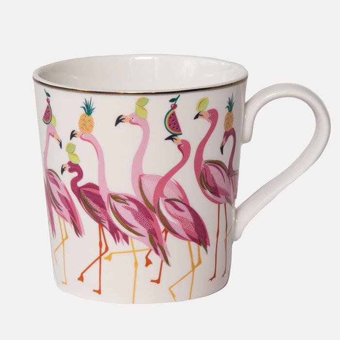 Flamingo mug on white background. Pink flamingos pattern with fruits.