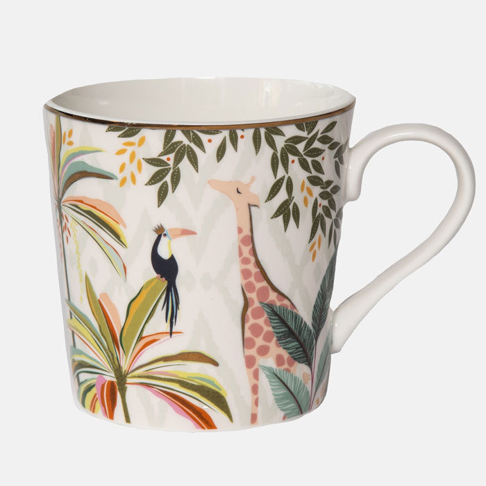 Palm garden mug on white background. Giraffe and toucan design with palm leaves.