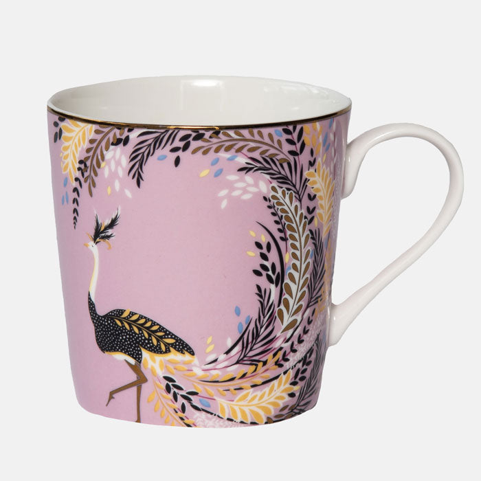 Ostrich mug on white background. Pink mug with filigree ostrich design.