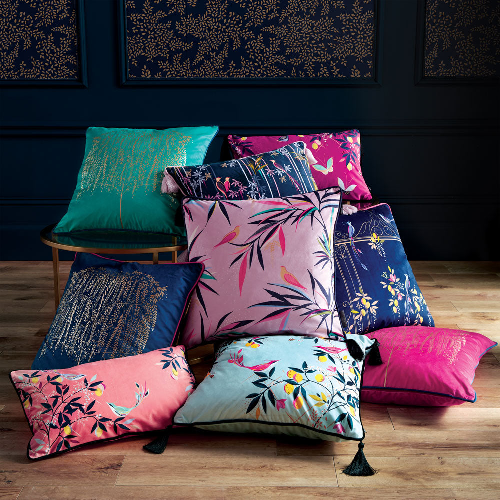 Coral Orchard Birds Feather Filled Cushion