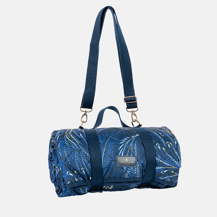 Indigo peacock patterned rolled up picnic blanket with carry straps/handles