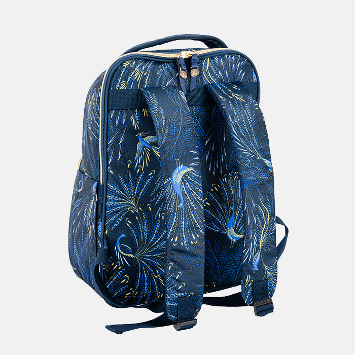 Blue peacock patterned cooler backpack with on a white background
