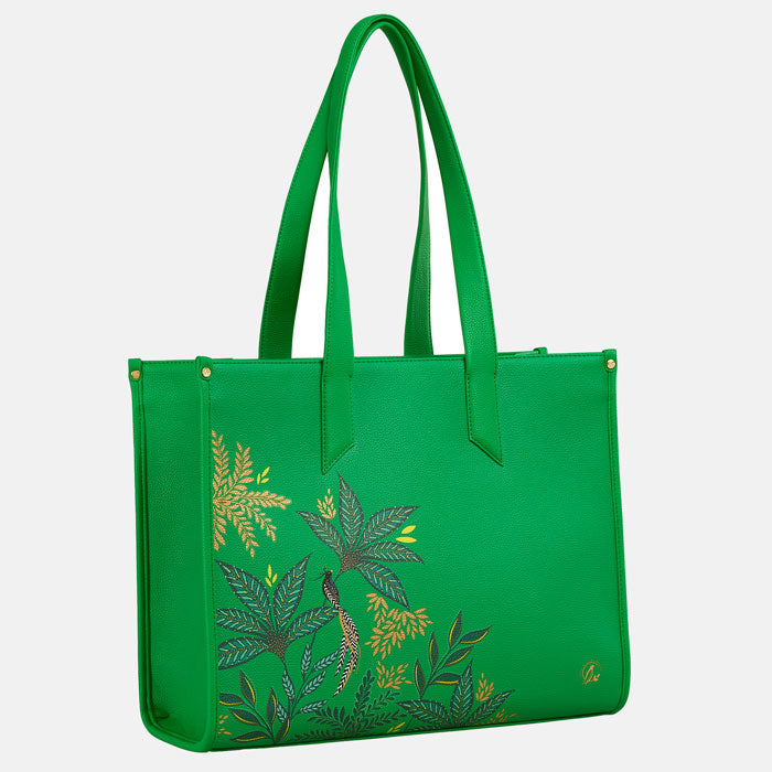 Green Boxy Tote bag with botanic design on white background.