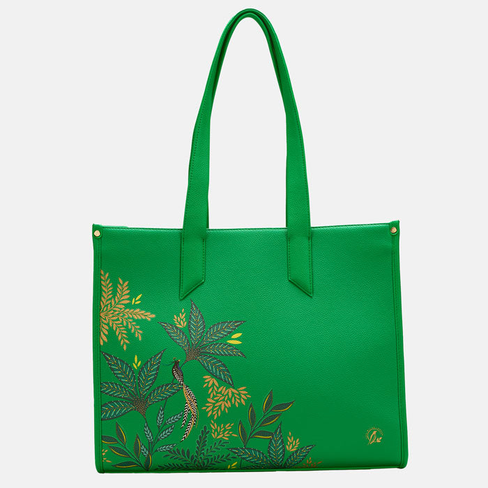 Green Boxy Tote with botanic leaf design, white background.