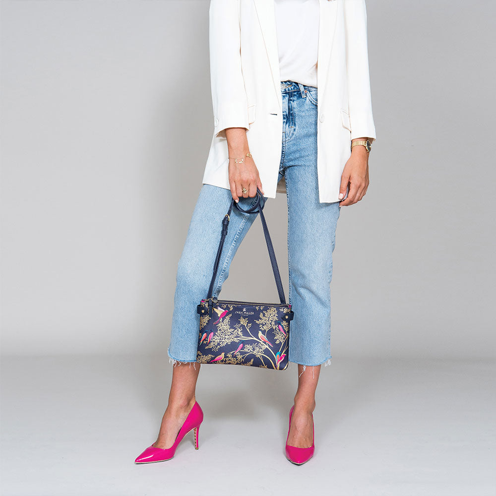 Smokey Blue Birds Zip Top Crossbody Bag