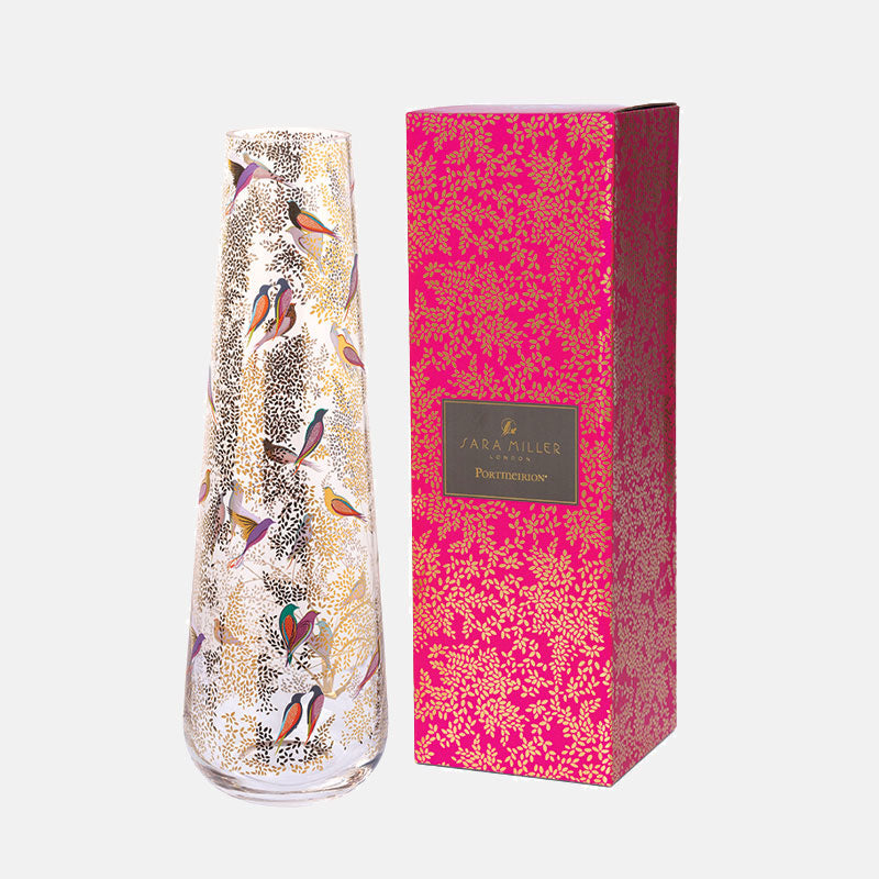 Grand vase en verre à feuilles d'or et oiseaux