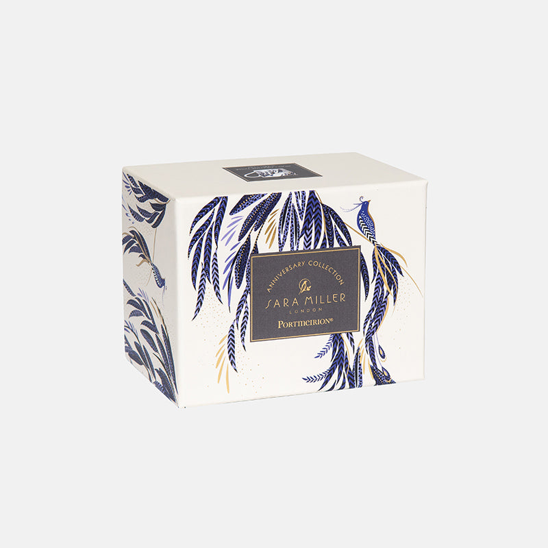 Box with Sara Miller branding and peacock pattern on a white background