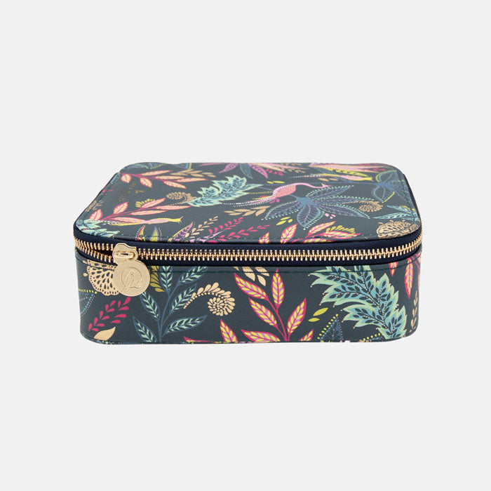 Rectangular tech organiser with floral pattern and gold zipper on a white background