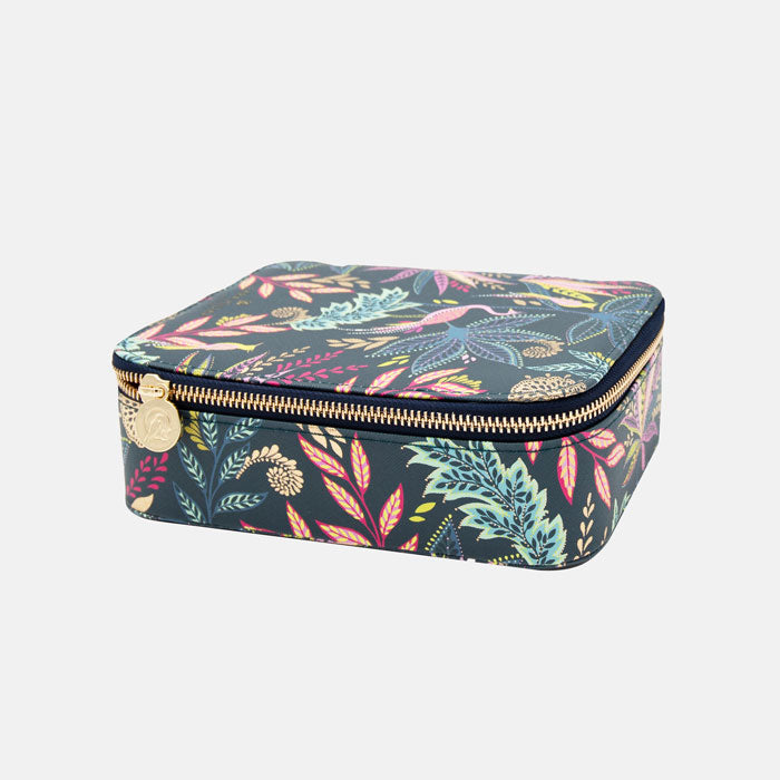 Rectangular tech organiser with a colourful leaf pattern on a white background