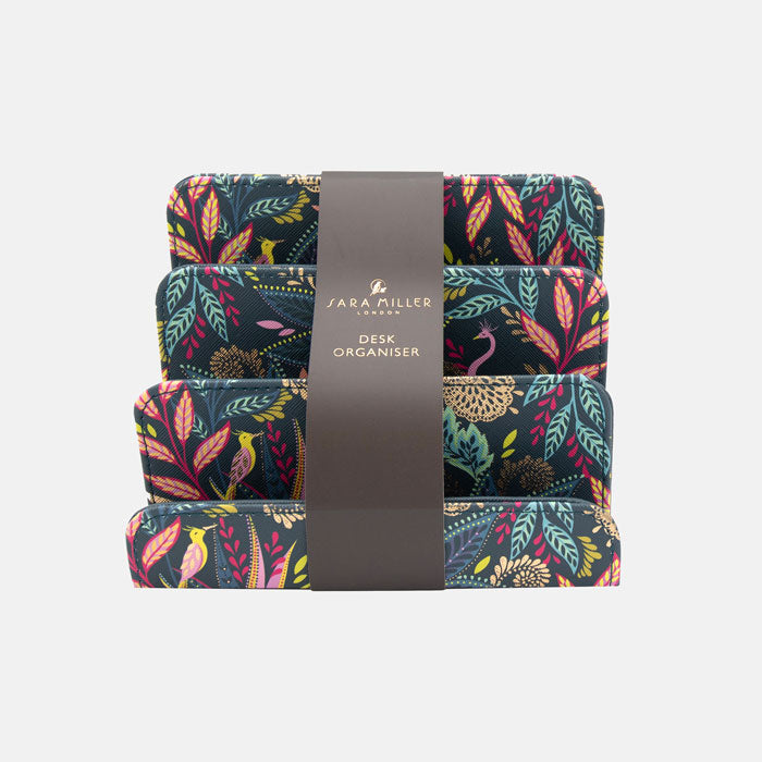 Desk organiser with colourful leaf pattern and 'Sara Miller' branding on a white background