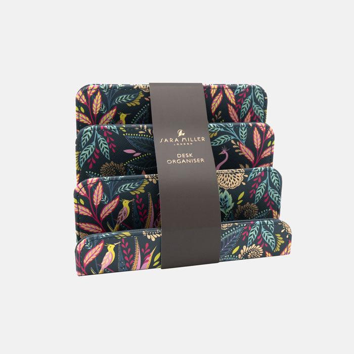 Desk organiser with colourful leaf pattern and 'Sara Miller' branding on a white background