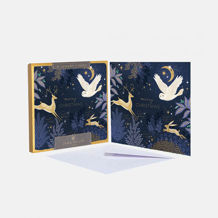 Set of Christmas cards with decorative design featuring birds and deer on a white background