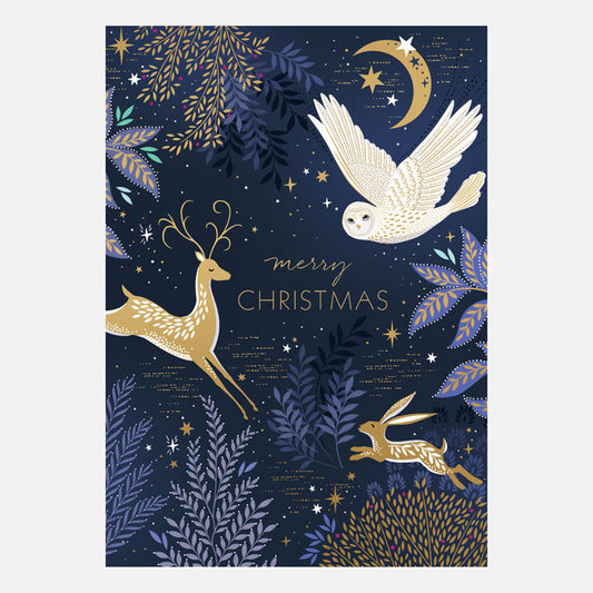 Christmas-themed design with deer, owl, and hare on a dark blue background with stars and foliage.