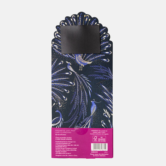 Magnetic notepad from behind, shows peacock tails design with Sara Miller London logo and magnet.