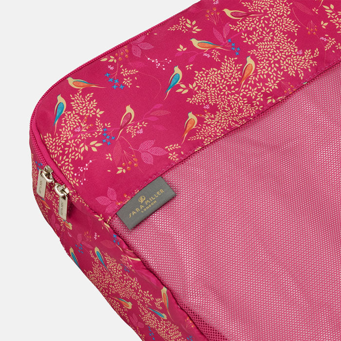 Close up to pink birds print.