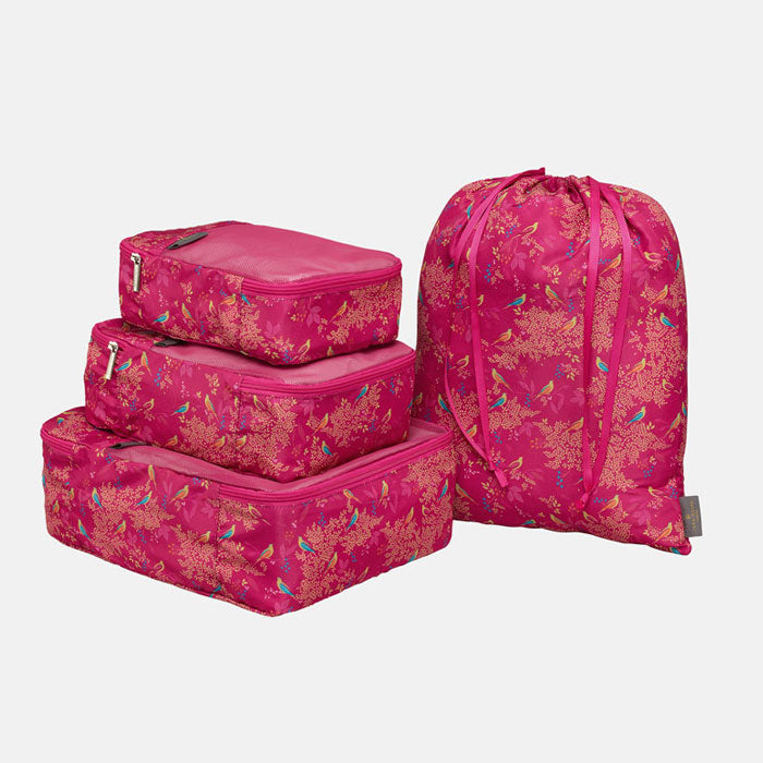 Set of four packing cubes and drawstring bag, shows scale of each.