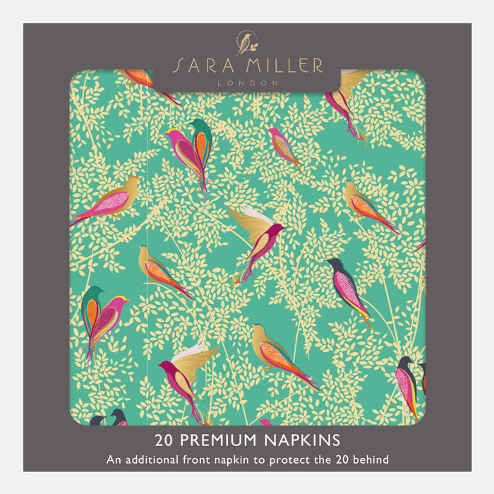 20 paper napkins in green birds design, featuring delicate birds and foliage with gold detailing. In a card box.
