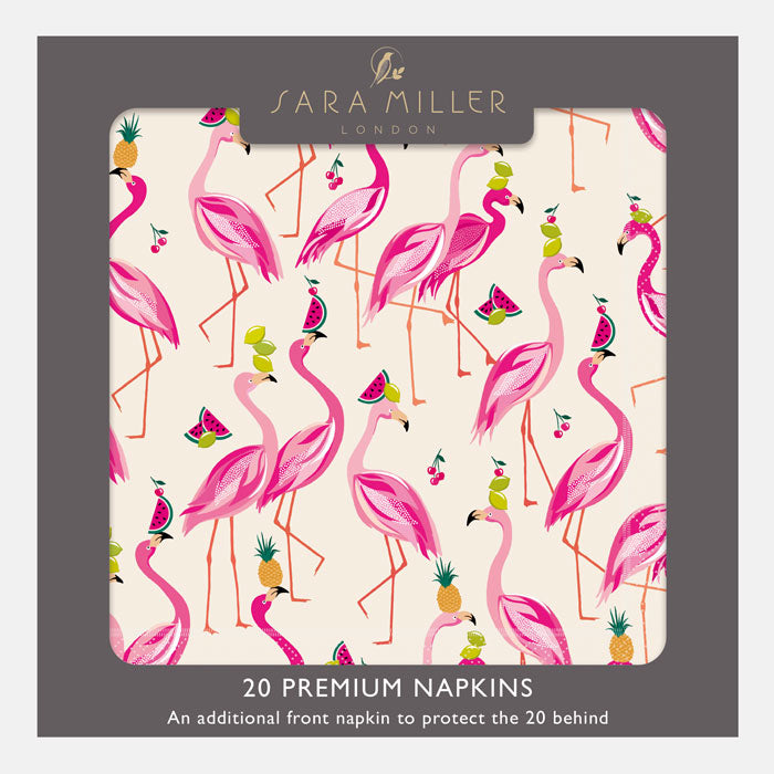 20 paper napkins in fabulous flamingos design, in vibrant pinks on cream background. In a card box.