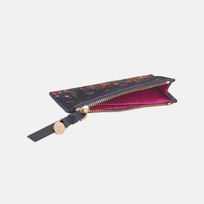 Card holder flat, can see inside to pink lining.