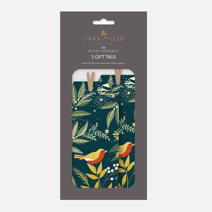 Decorative gift tags with robin and leaf design.