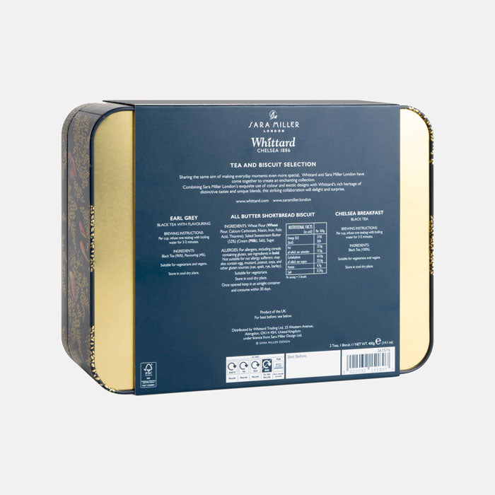 Back of tea and biscuit selection tin showing what is inside: earl grey tea, chelsea breakfast tea and all butter shortbread biscuits.