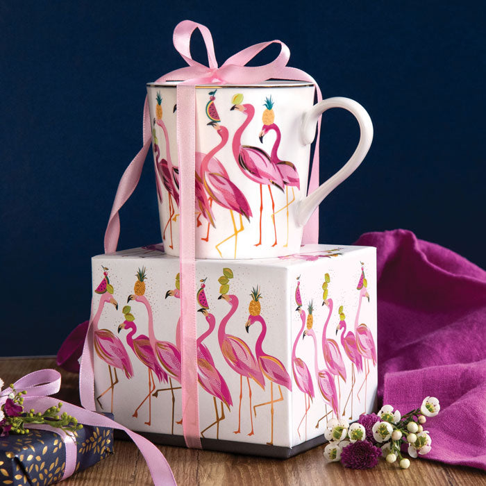 Mug on top of matching gift box with ribbon detail.