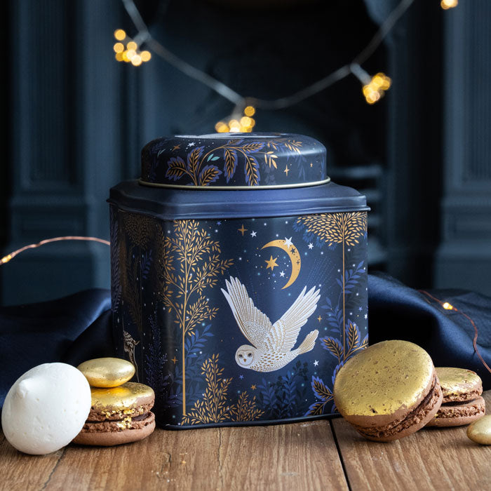 Decorative storage caddy with owl design on a wooden surface with macarons.