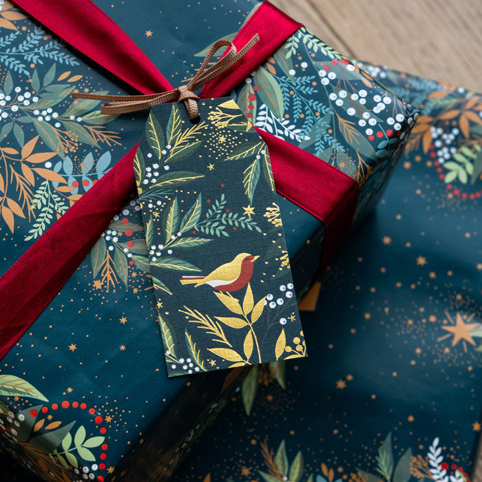 Gift wrapped in blue paper with red ribbon and decorative tag featuring robin design.