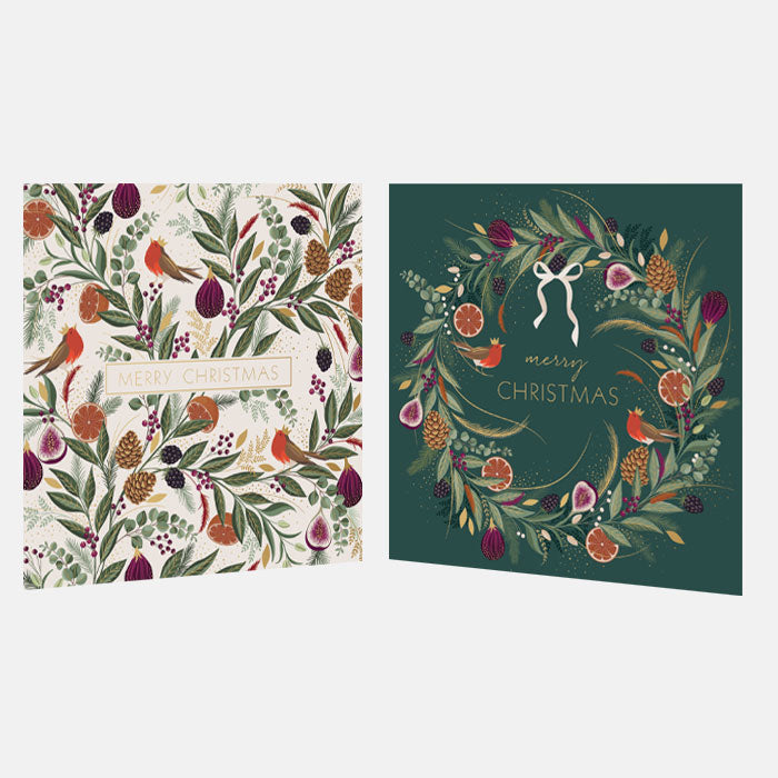Two square Christmas greeting cards shown side by side. Each card has winter foliage and fruits, one on a light cream background and one on a forest green. Shades of red, green, plum with gold embellishment.