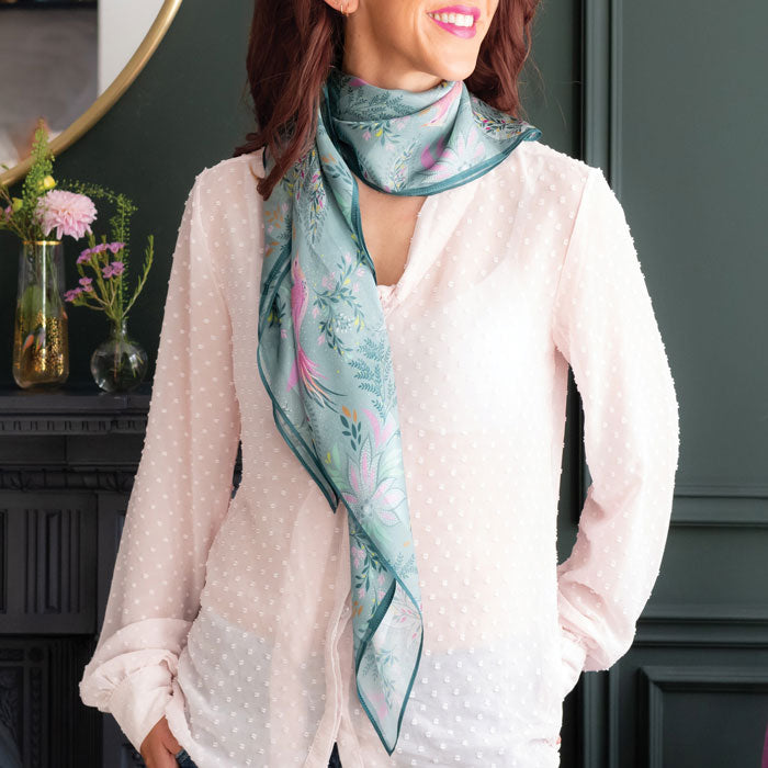 Dusky Blue Birds of Paradise Silk Scarf