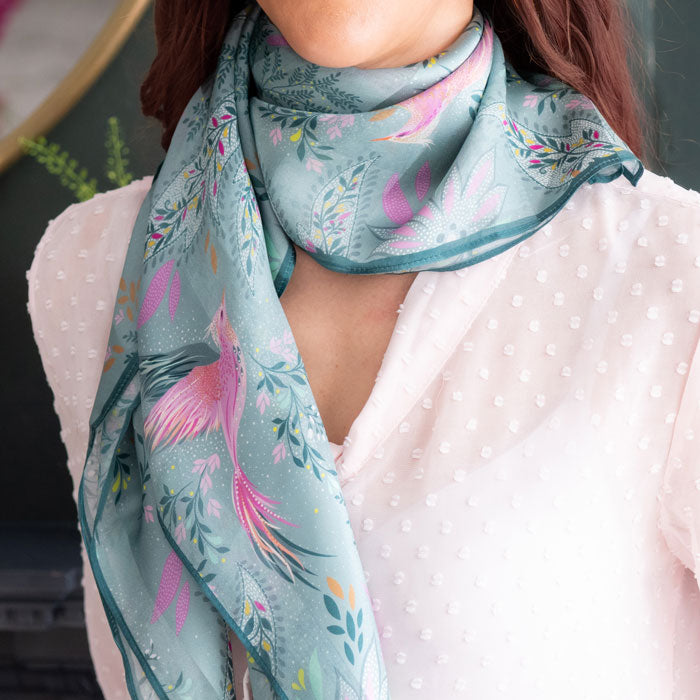 Dusky Blue Birds of Paradise Silk Scarf