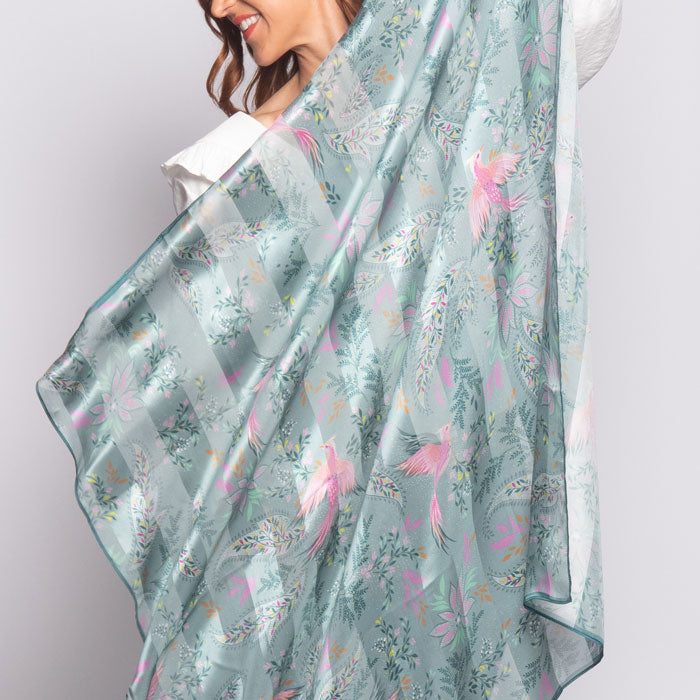 Dusky Blue Birds of Paradise Silk Scarf