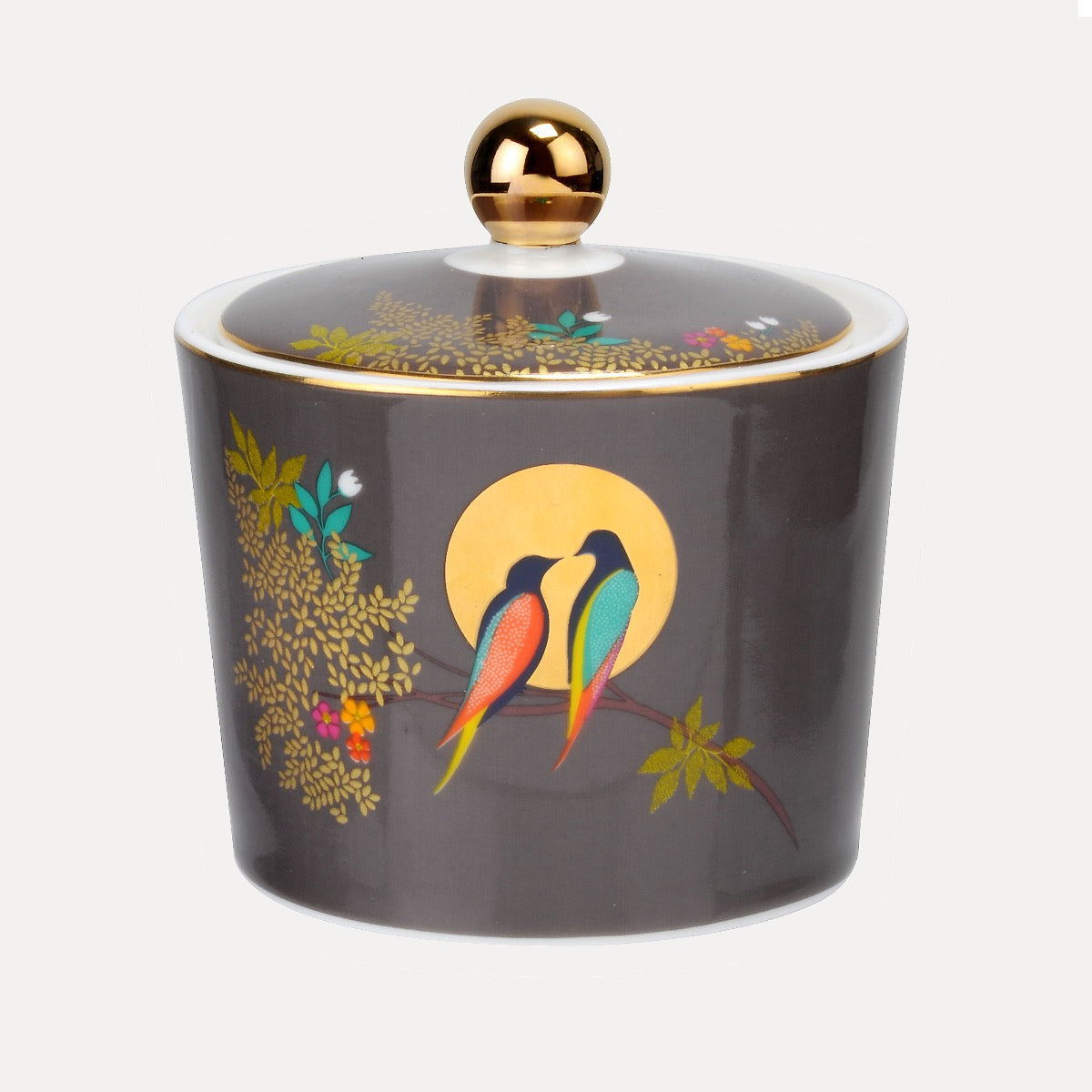 Oiseaux dans un pot à sucre en forme de lune