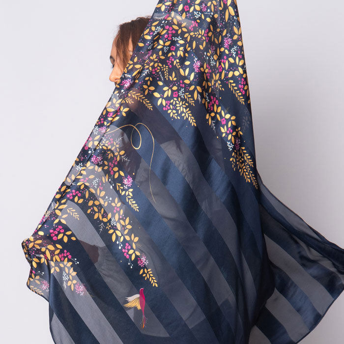 Navy Hummingbird Silk Scarf