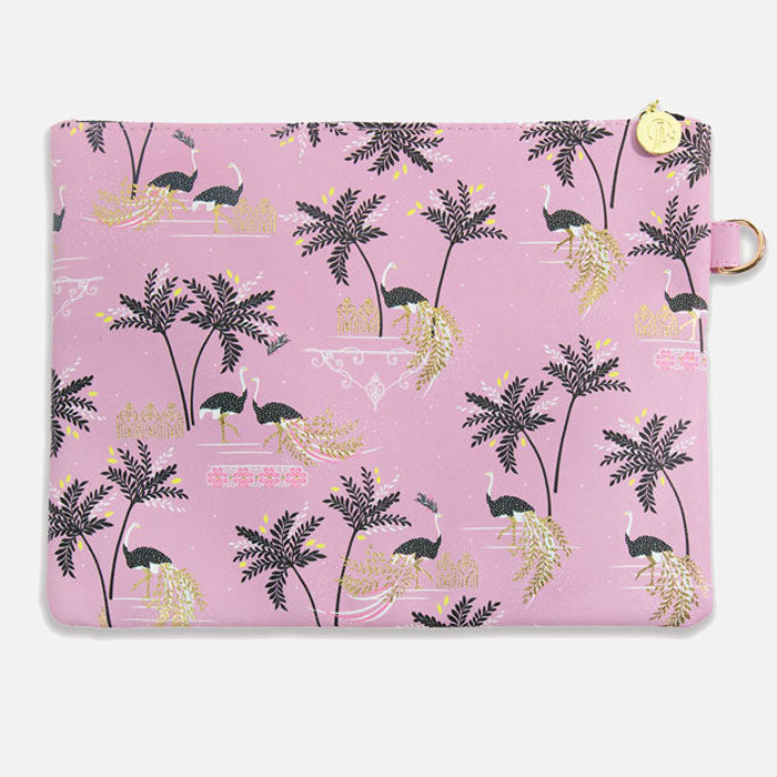 Savannah Ostrich & Palms Large Flat Pouch - Iced Pink