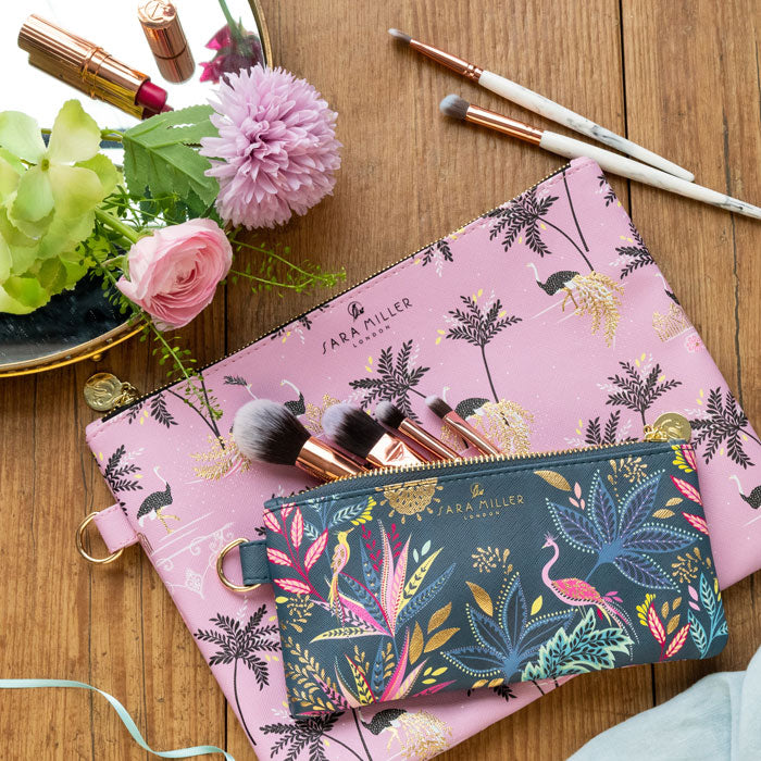 Savannah Ostrich & Palms Large Flat Pouch - Iced Pink