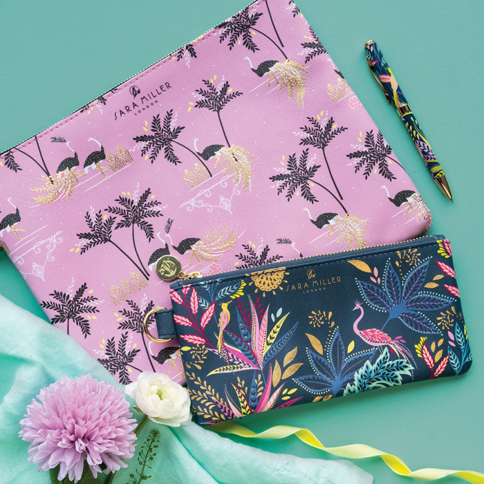 Savannah Ostrich & Palms Large Flat Pouch - Iced Pink