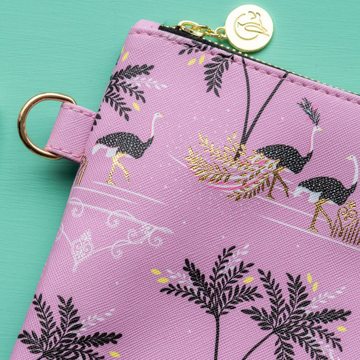 Savannah Ostrich & Palms Large Flat Pouch - Iced Pink