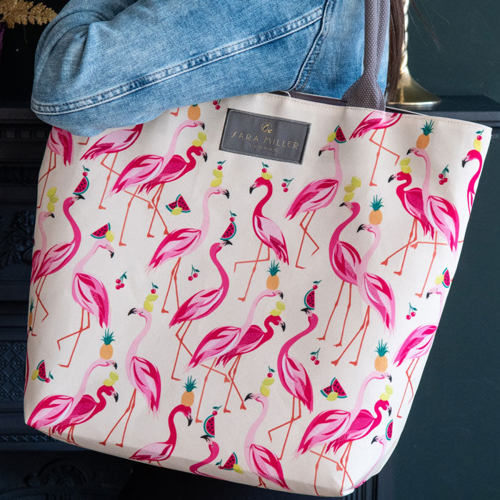 Flamingo print tote bag with pineapples, watermelon and lemon print.